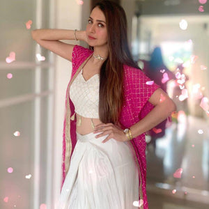 Fuschia Pink Cape White Crop Skirt Set