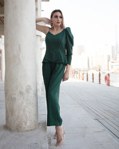 Bottle Green Puffed One Sleeve Jumpsuit