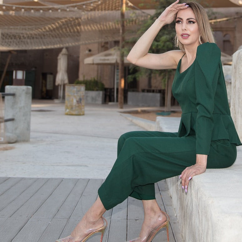 Bottle Green Puffed One Sleeve Jumpsuit