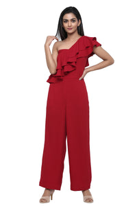 One Sleeve Marsala Frill Jumpsuit