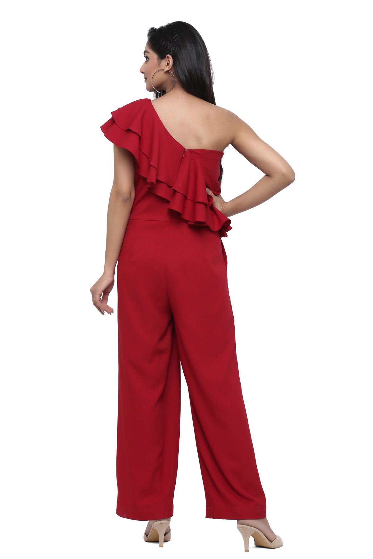 One Sleeve Marsala Frill Jumpsuit