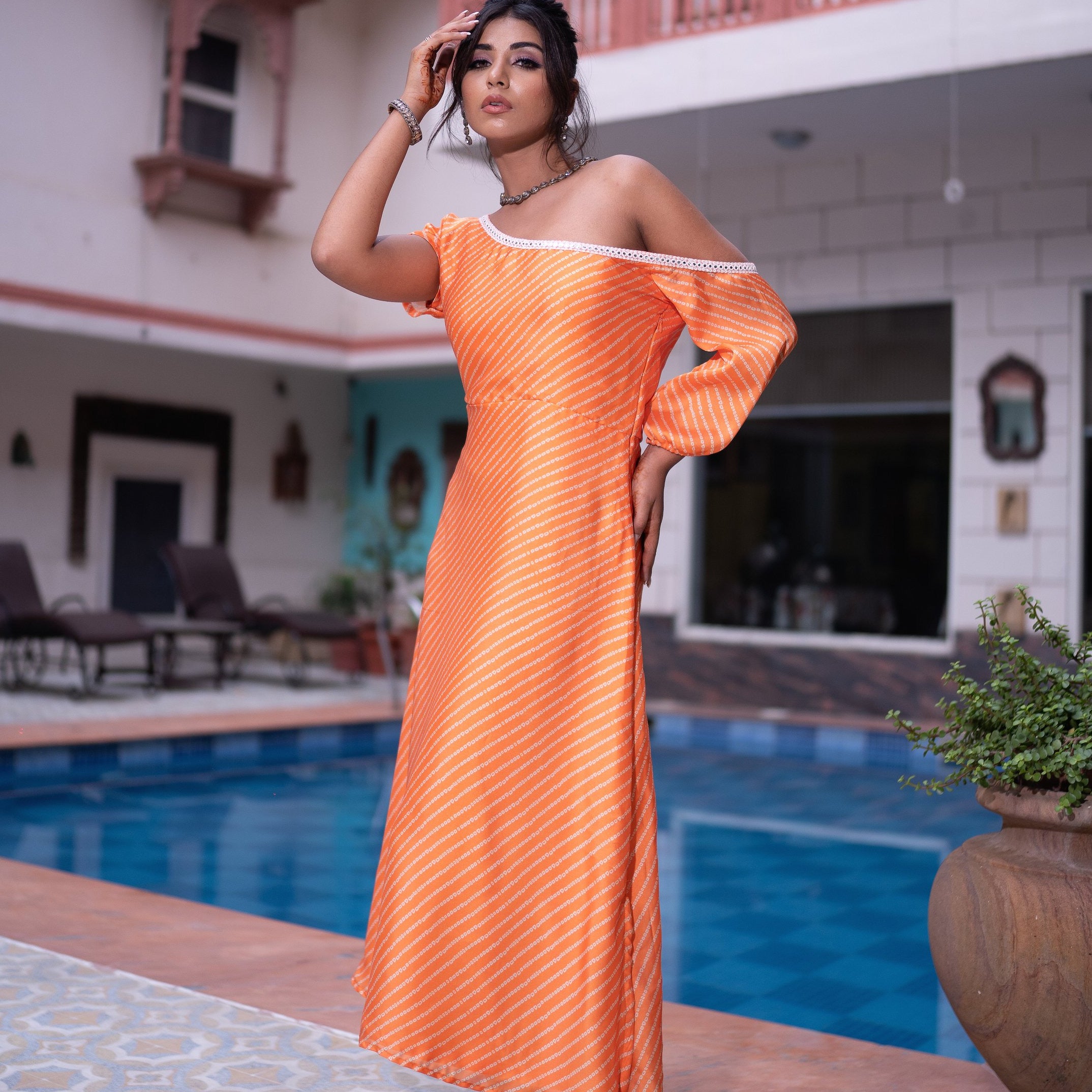 Orange Bandhani Print Fusion Dress
