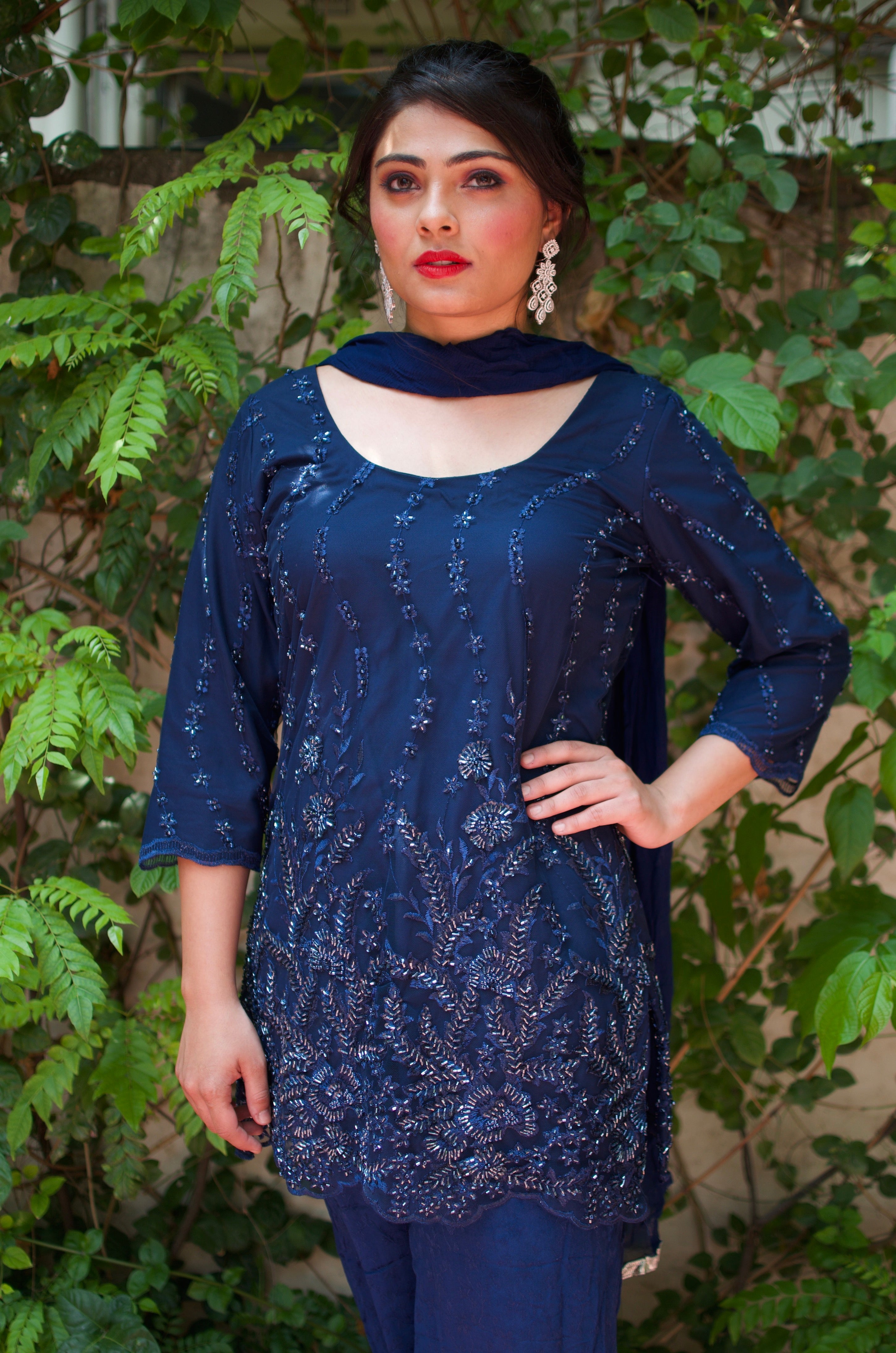 Midnight Blue Embroidered Kurta Palazzo Set