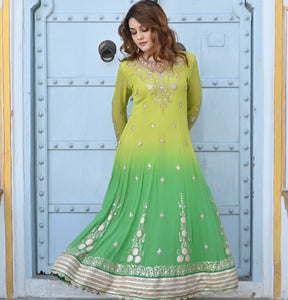 Green Lime Ombré Embroidered Ethnic Anarkali