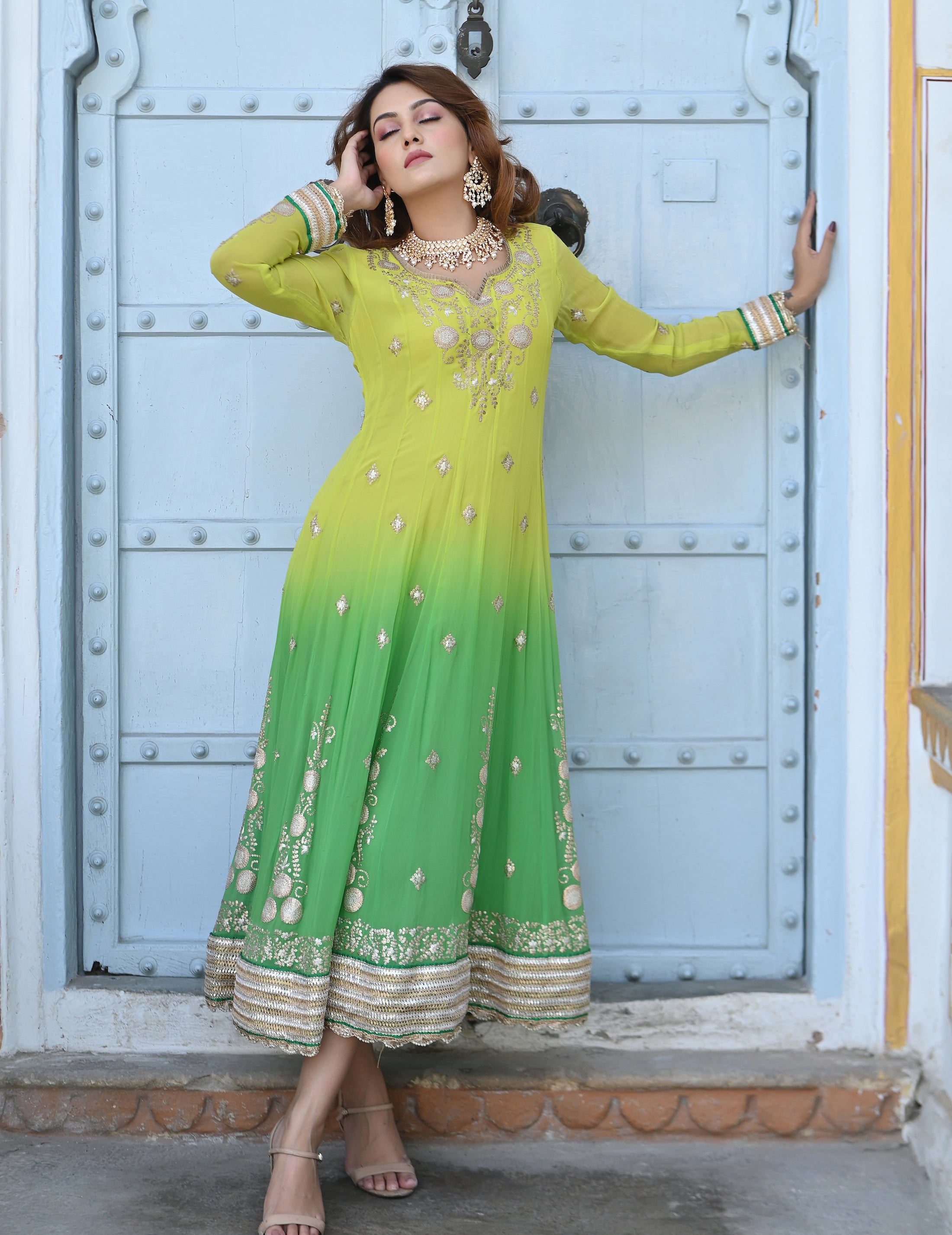 Green Lime Ombré Embroidered Ethnic Anarkali