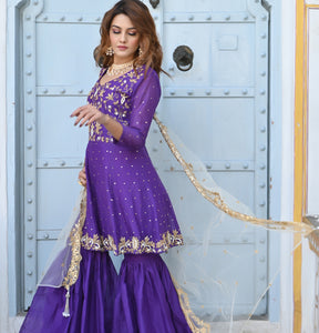 Purple Embroidered Kurta Garara Ethnic Set