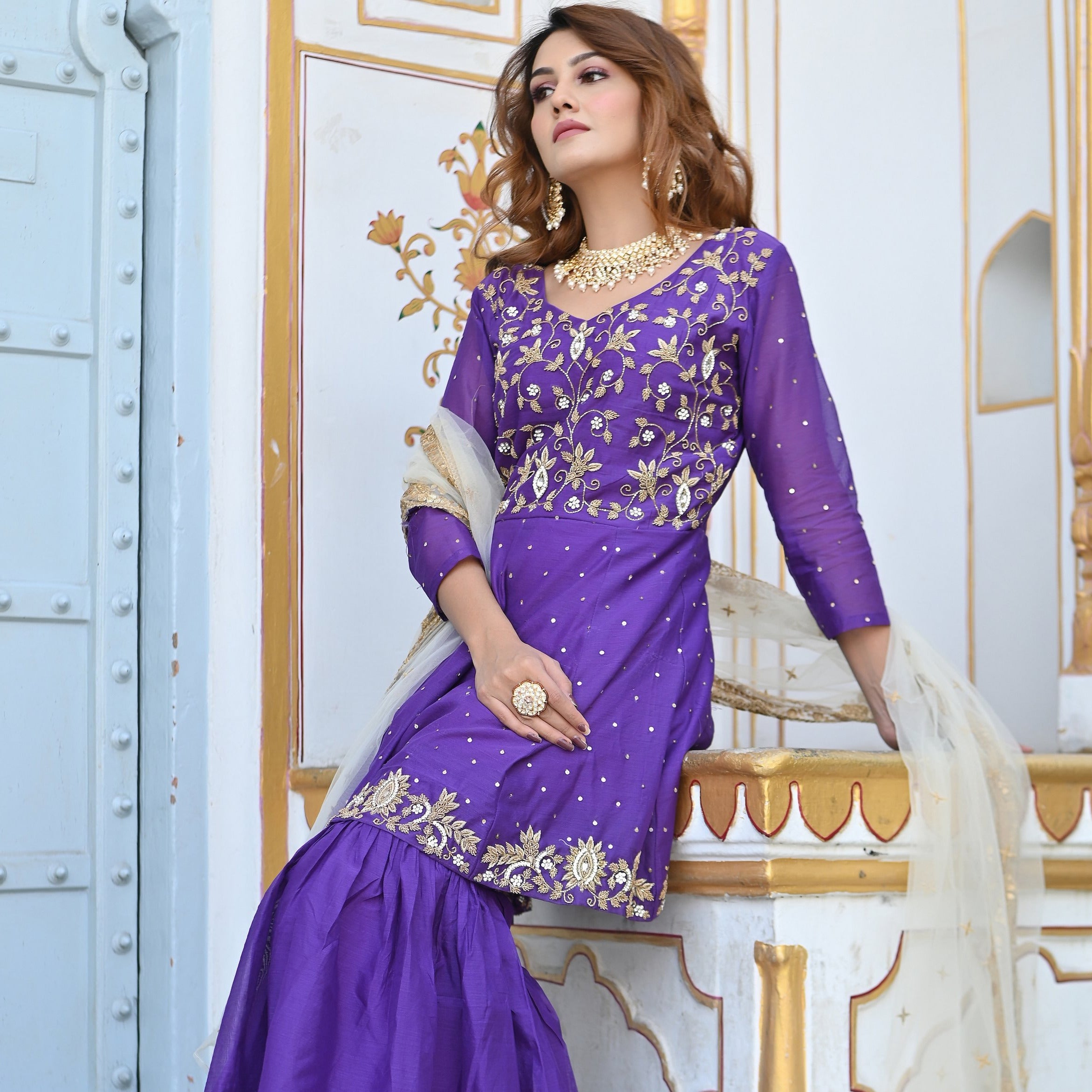 Purple Embroidered Kurta Garara Ethnic Set