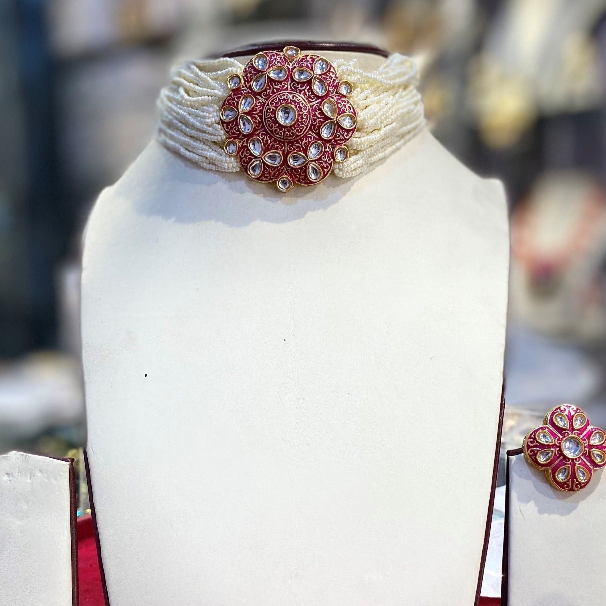 Red Kundan Motif Pearl Necklace Set