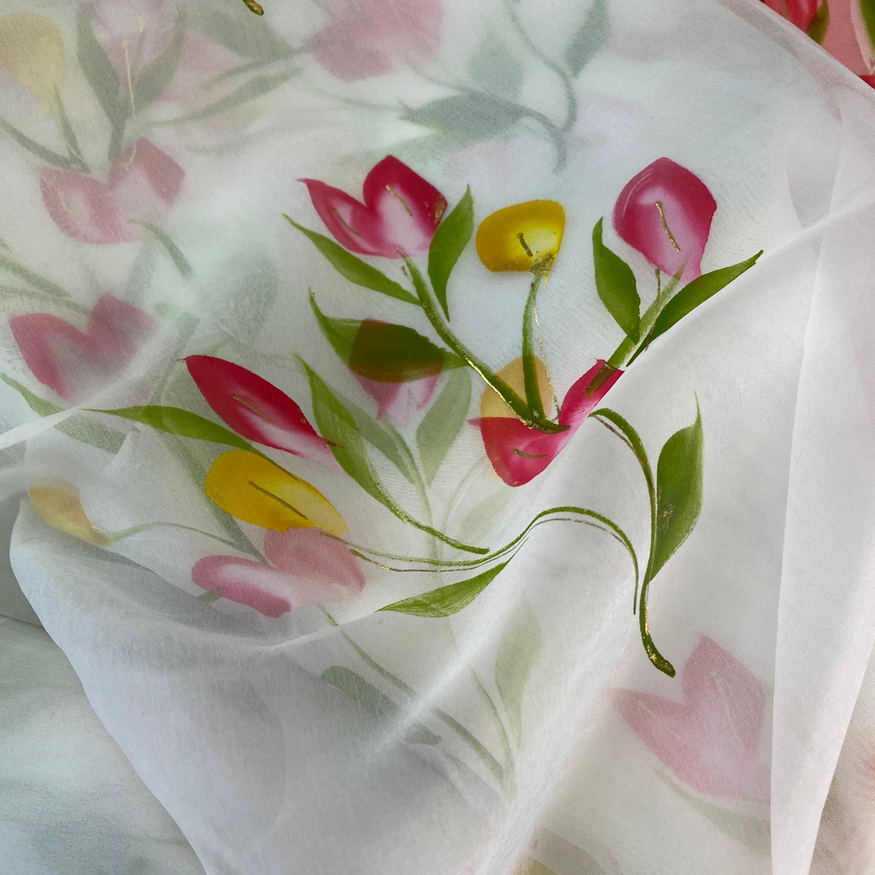 Cream Pink Tulip Organza fabric