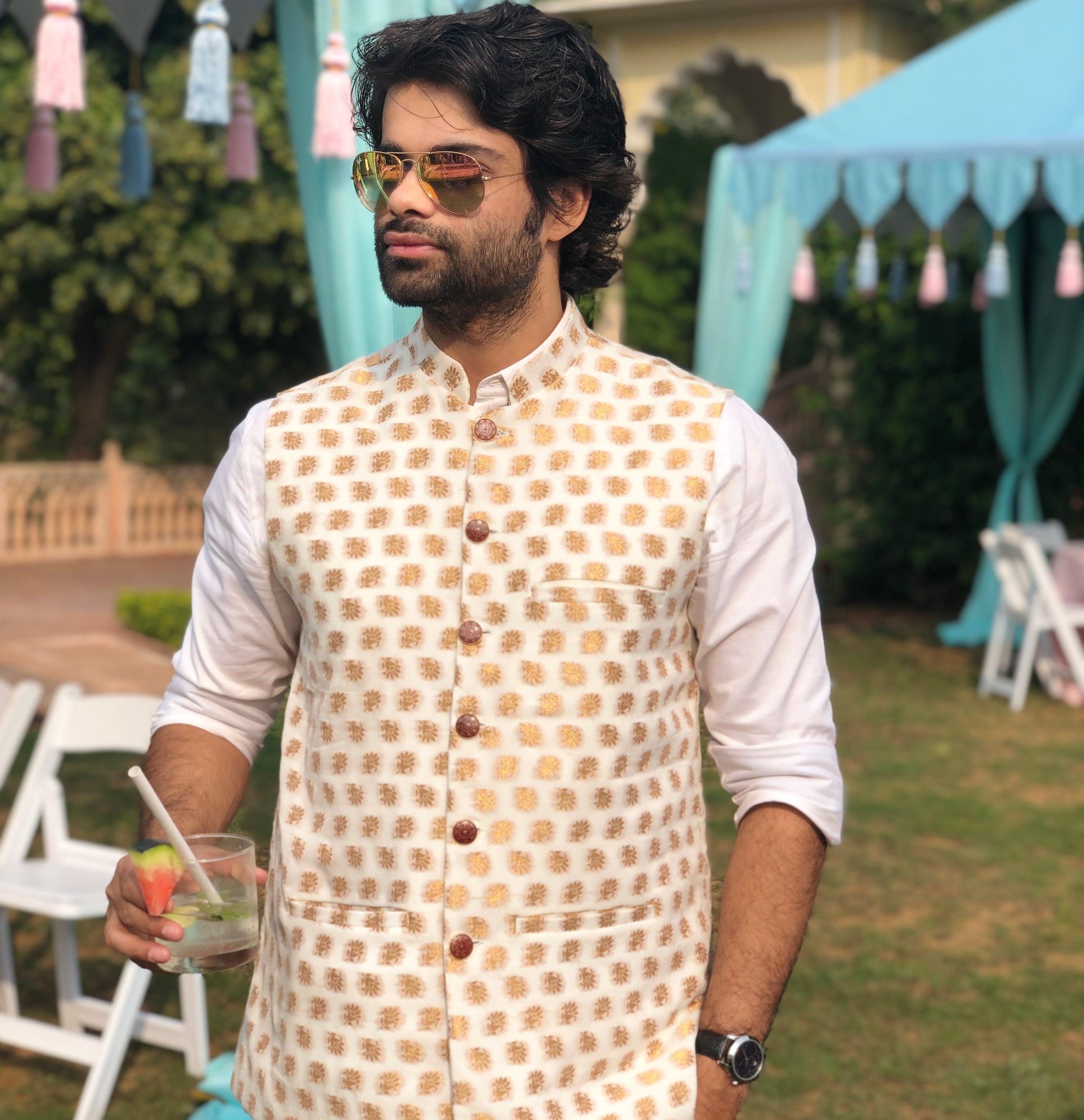 Cream Gold Motif Bandi Men's Jacket