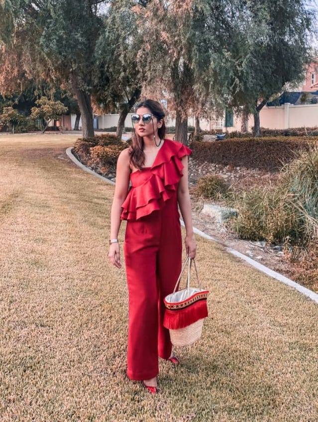 One Sleeve Marsala Frill Jumpsuit