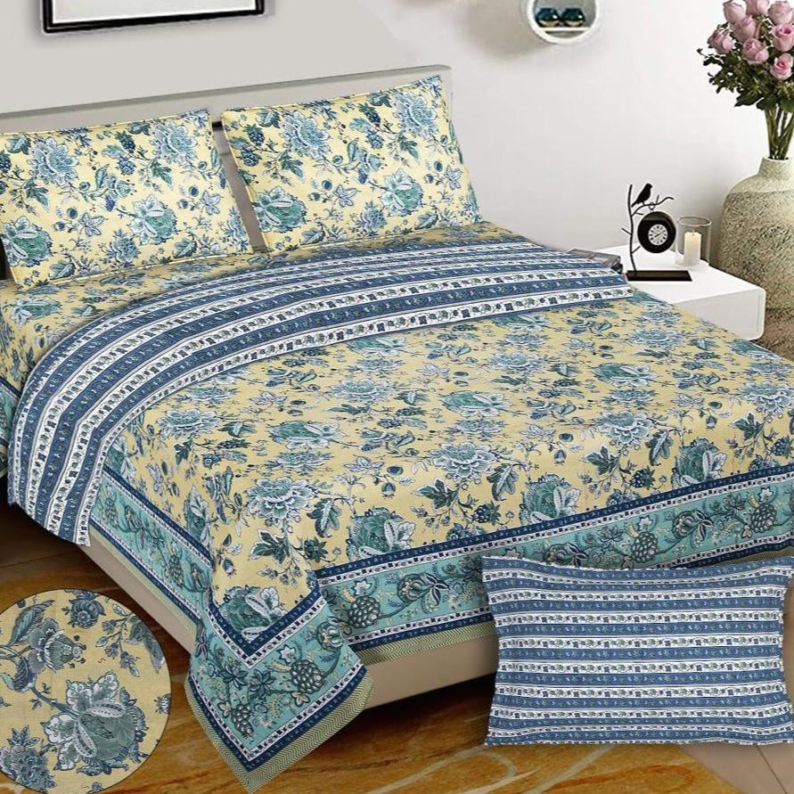 Lime Yellow Blue Floral Bed Set
