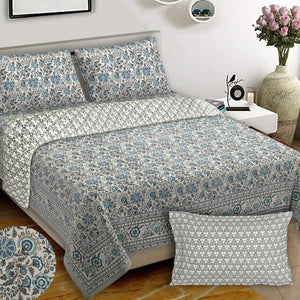 White Blue Grey Floral Bed Set