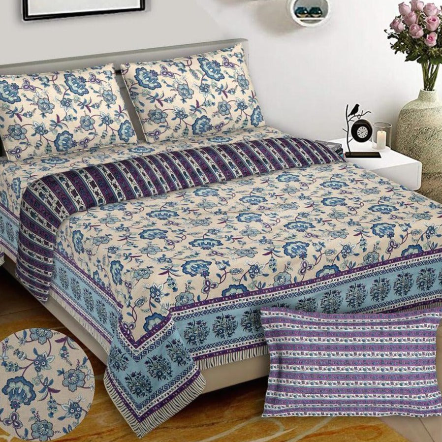Cream Blue & Purple Floral Bed Set