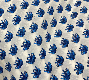 White Blue Elephant Cotton Fabric