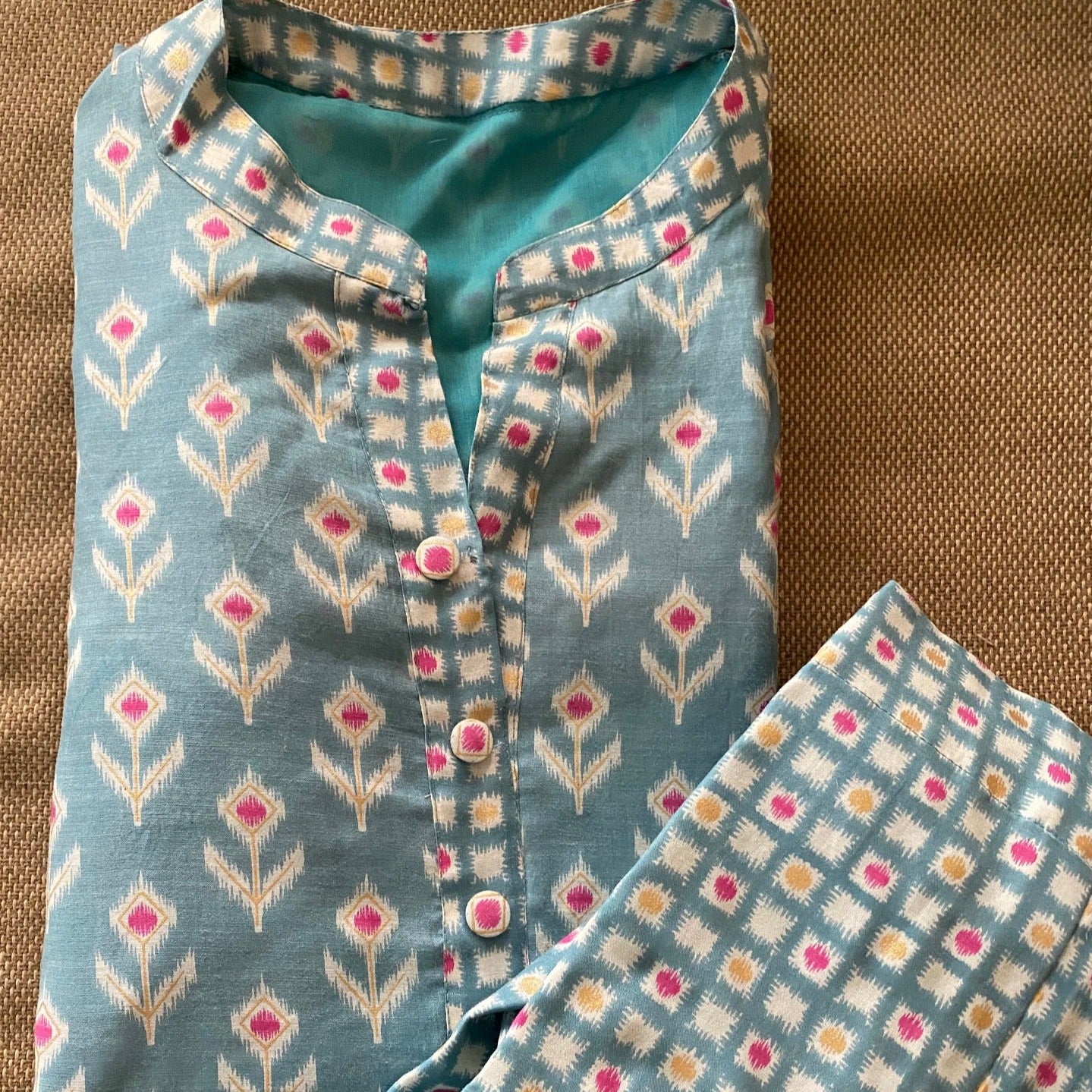 Turquoise Blue and Pink Kurta Pant Set