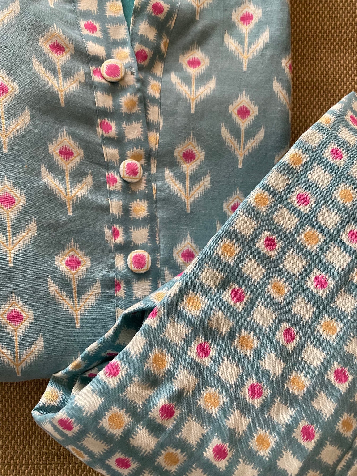 Turquoise Blue and Pink Kurta Pant Set