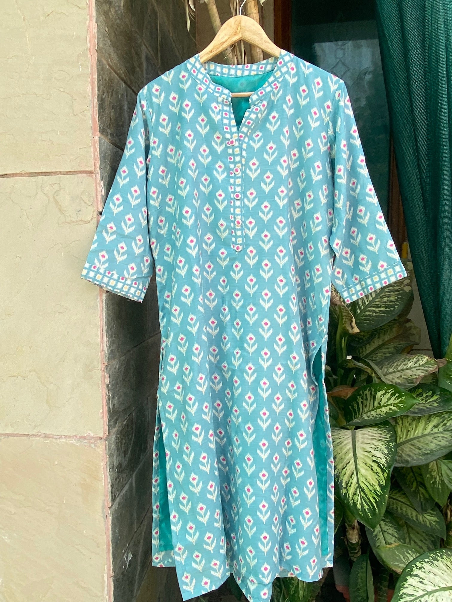 Turquoise Blue and Pink Kurta Pant Set