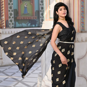 Black and Gold Pre Draped Saree